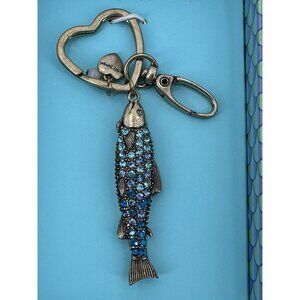 NIB BETSEY JOHNSON Crystal Sardine Key FOB Bag Charm Aqua Blue Gold Tone
